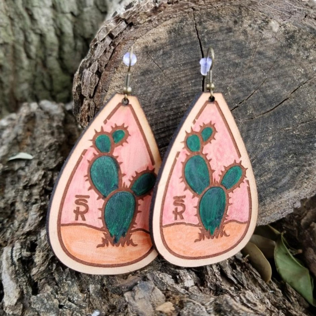 BSR Leather hand painted cactus earrings