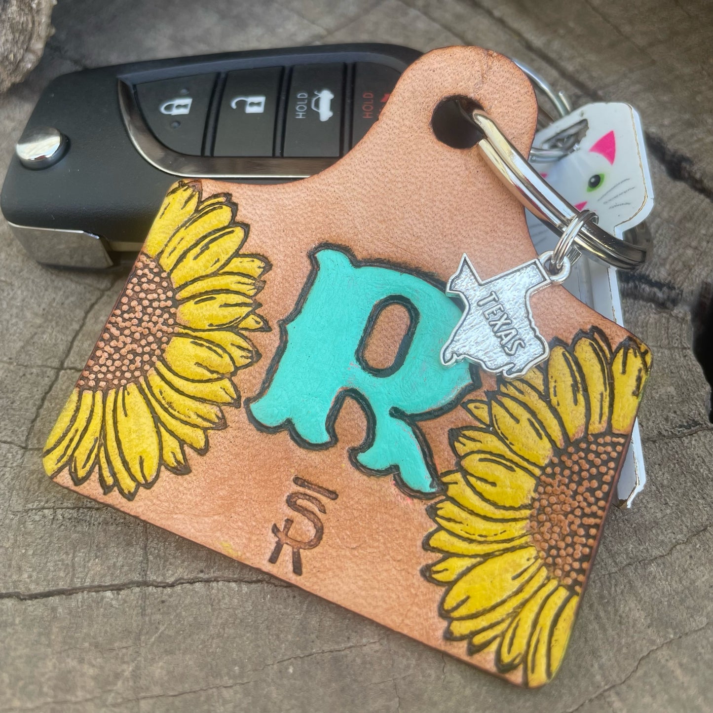 Personalized Sunflower Cow Ear Tag Keychain