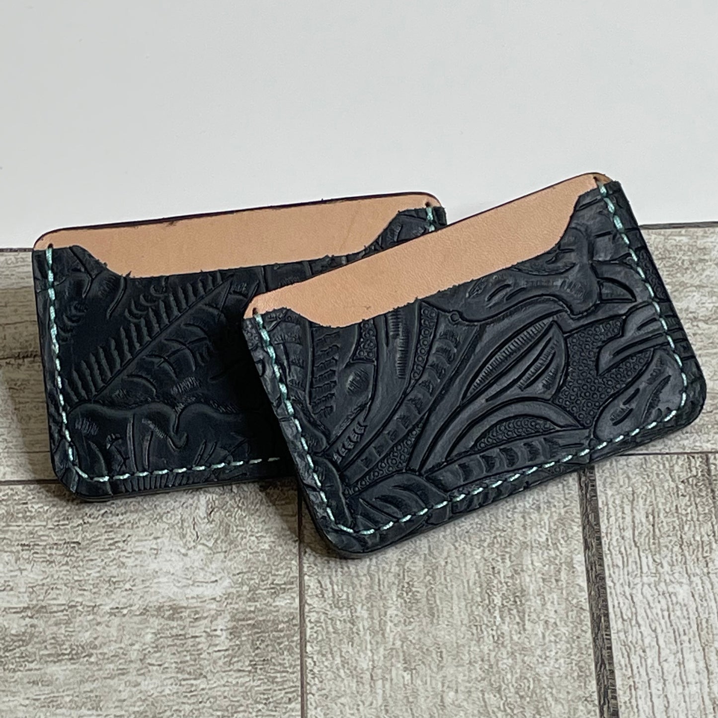 Black Floral Weekender Wallet With Blue Stitching