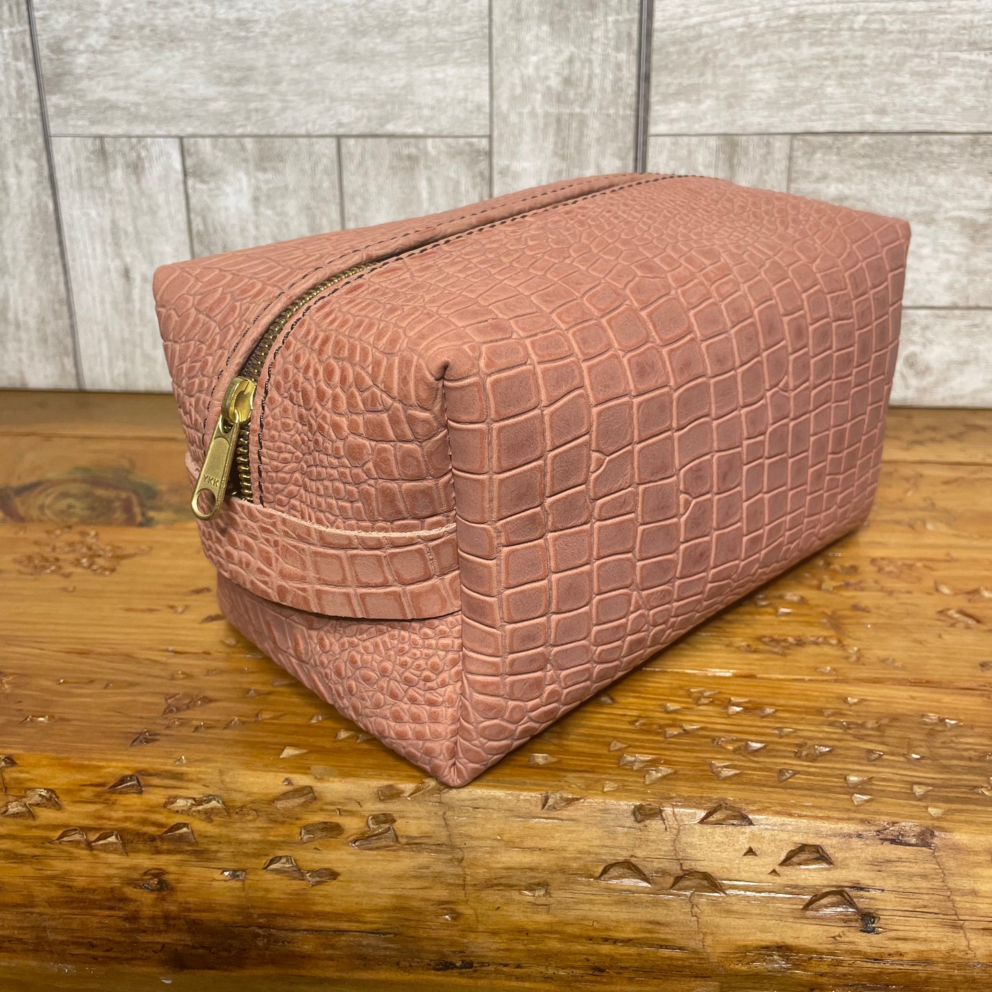 Coral Gator Leather Travel Bag Dopp Kit